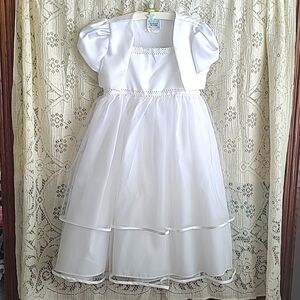 Vintage White Satin Formal Girl's Dress with Floral Crown & two tier veil